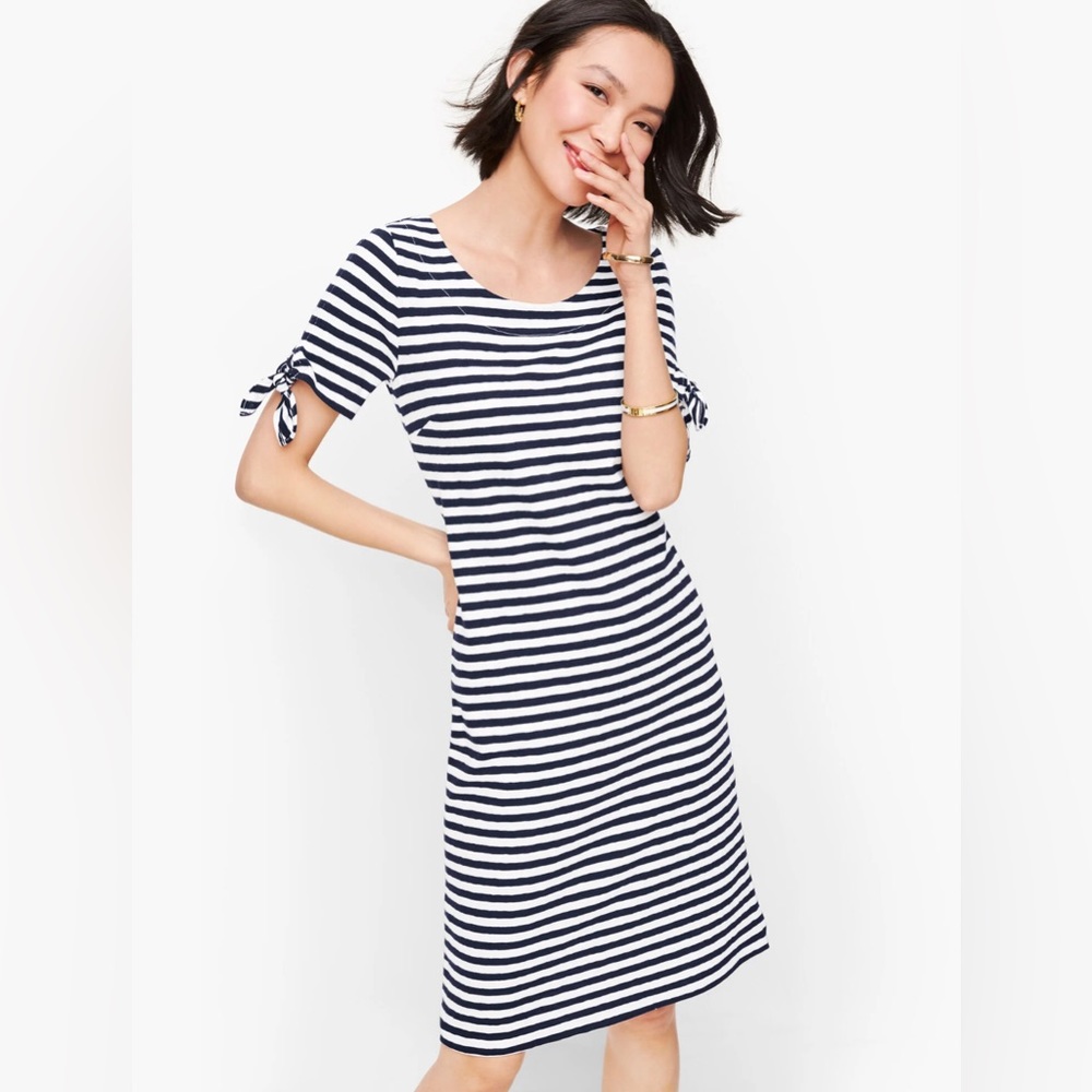Talbots Striped Dress Tie Sleeve Knit Shift Navy Blue White, size XS